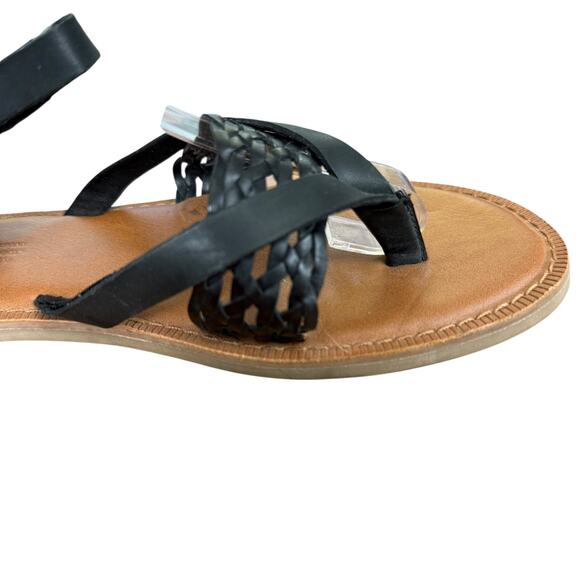 Toms Lexie Sandals Black Leather Ankle Strap Flats Thongs Woven Shoes sz 7 - Picture 2 of 16